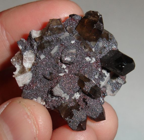 Smoky quartz, microcline, and specular hematite on matrix.