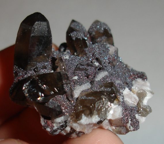 Smoky quartz, microcline, and specular hematite on matrix.