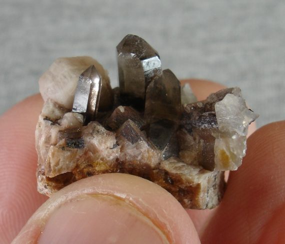 Smoky quartz and microcline on matrix - Thumbnail size specimen