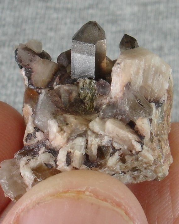 Smoky quartz and microcline on matrix - Thumbnail size specimen