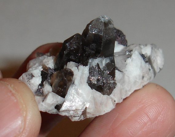 Smoky quartz, hematite pseudomorph, microcline, and albite on matrix