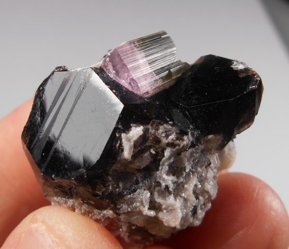 Tourmaline crystal with lavender/pink caps, with smoky quartz
