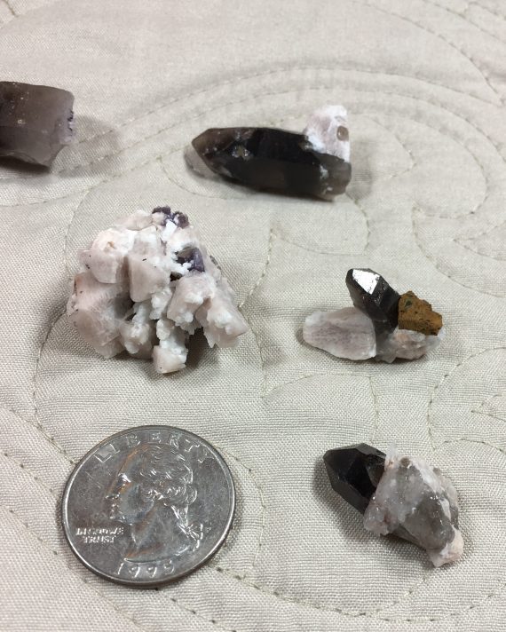 Collection of 12 thumbnail-sized specimens – smoky quartz, microcline, fluorite, albite, and specular hematite