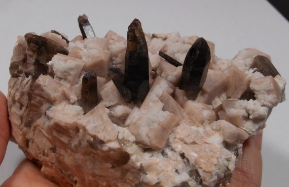 Smoky quartz, microcline, and albite on matrix.  