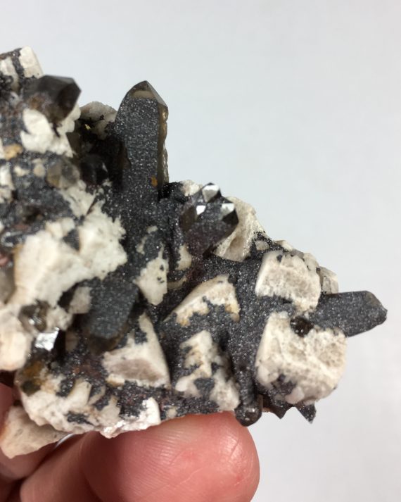 Smoky quartz, microcline, and albite with a coating of specular hematite